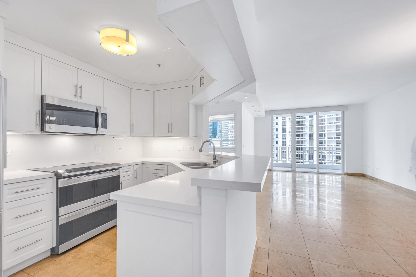 Kitchen and living area, wide view
